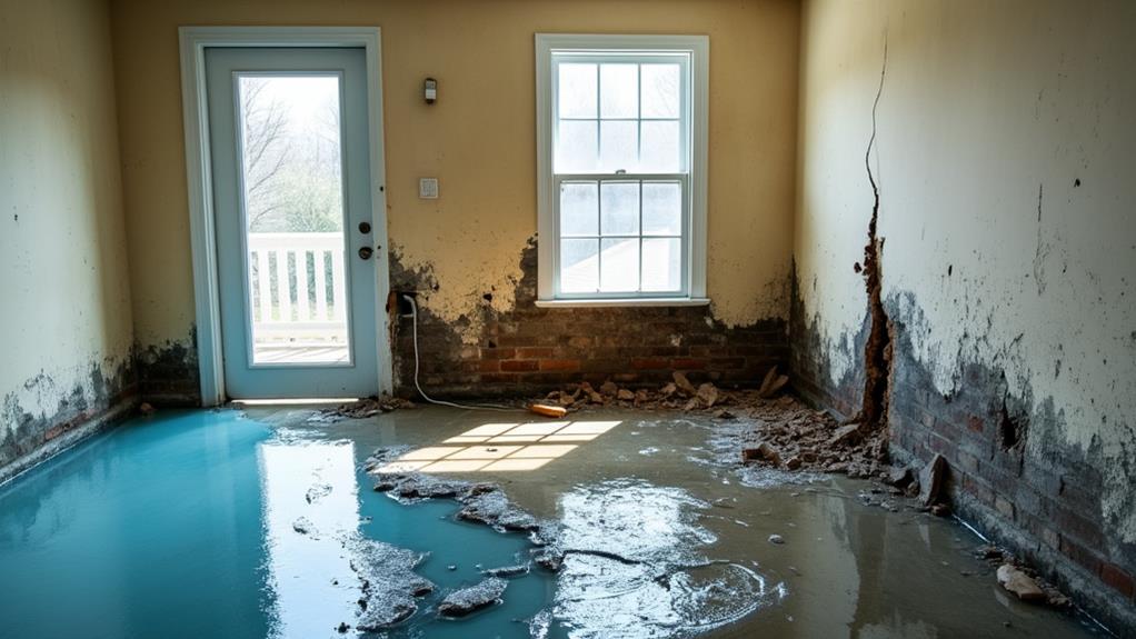 A room flooded with water and damaged walls.