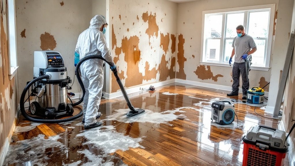 A pipe leaking water onto a flooded floor.